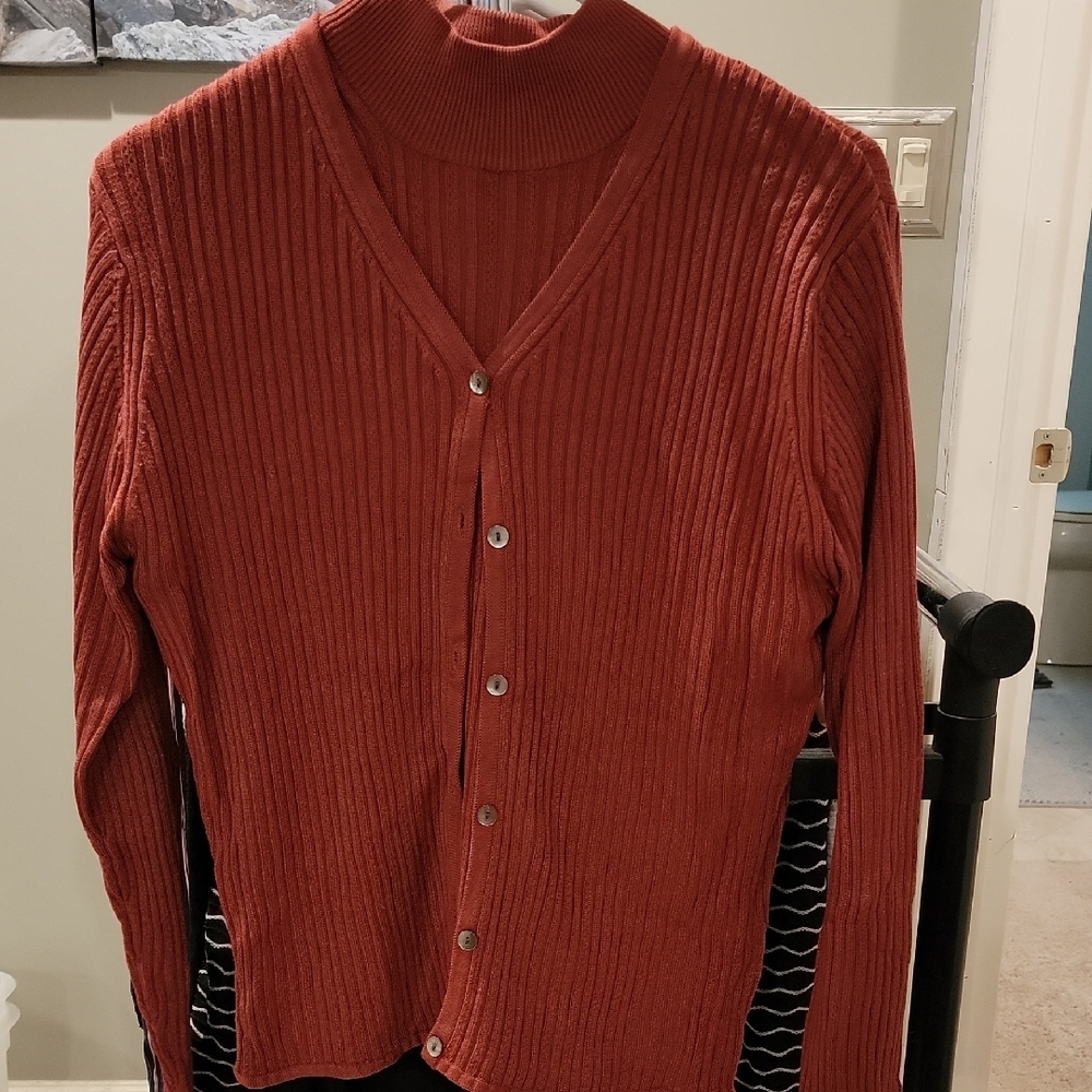 Eddie Bauer Brown Cardigan Sweater Ribbed Knit V-Neck